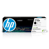 HP 210A black toner cartridge front packaging showing model W2100A and benefits