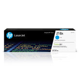 HP cartucho 218A cyan frontal mostrando el embalaje y beneficios de compatibilidad