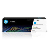 HP 218X cyan front packaging showing cartridge and branding benefit reliable prints