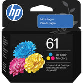 HP 61 tri-color front packaging showing product and compatibility benefits