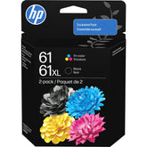 HP 61XL and HP 61 tri-color front packaging showing bundle and compatibility benefits