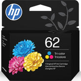 HP 62 tri-color front packaging showing product and model compatibility benefit