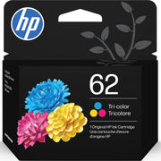 HP 62 tri-color front packaging showing product and model compatibility benefit