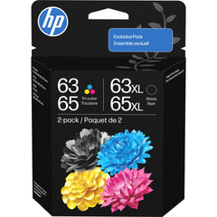 HP 63/65 two-pack front packaging showing brand and contents benefit clarity