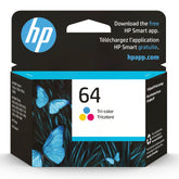 HP 64 tri-color front packaging showing cartridge and model number, ensures correct purchase