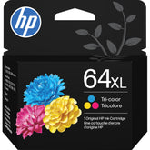 HP 64XL tri-color front packaging showing cartridge and product name for quick identification and convenience