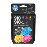 HP 910 4-pack front view showing cartridges and clear product branding for reliable prints