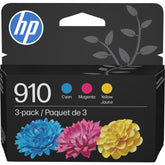 HP 910 three-pack front packaging showing cyan magenta yellow and benefit of ready color replacement