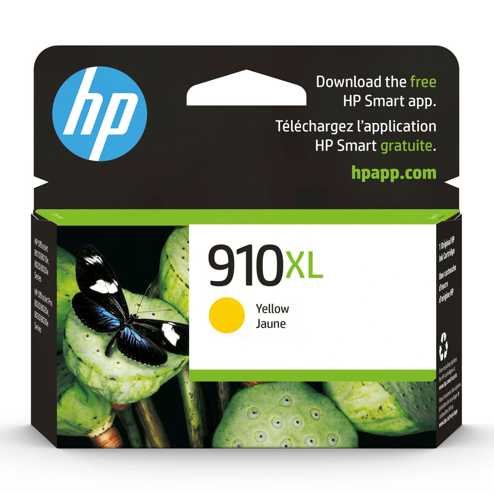 HP 910XL yellow cartridge front packaging showing product and compatibility benefit