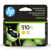 HP 910XL yellow cartridge front packaging showing product and compatibility benefit