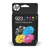 HP 923 front packaging showing four cartridges and compatibility benefits