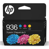 HP 936 front packaging showing three color cartridges and compatibility benefits