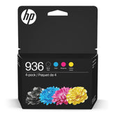 HP pack 936 frontal con cuatro cartuchos mostrando colores vivos y confianza