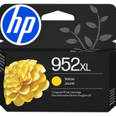 Cartucho HP 952XL amarillo frontal mostrando empaque y garantía de calidad