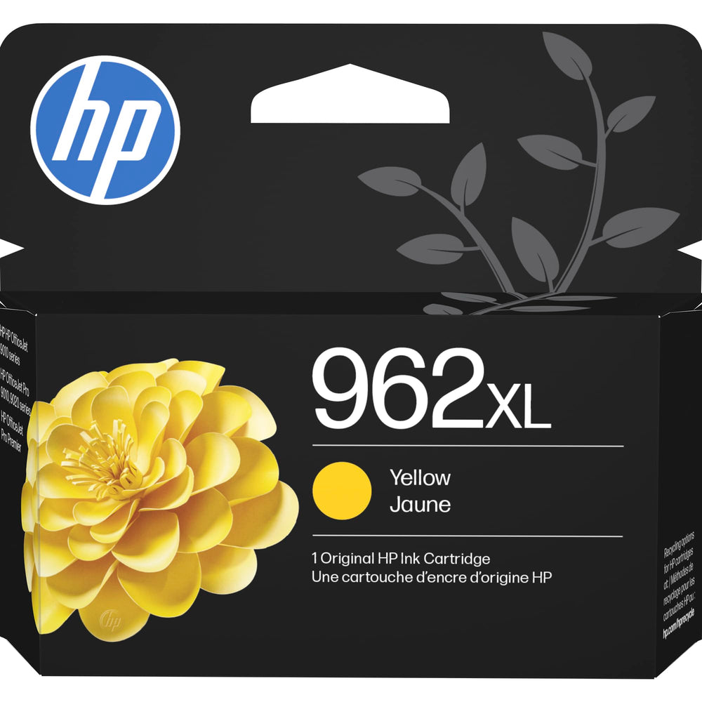 HP 962XL yellow front packaging showing product and compatibility benefits