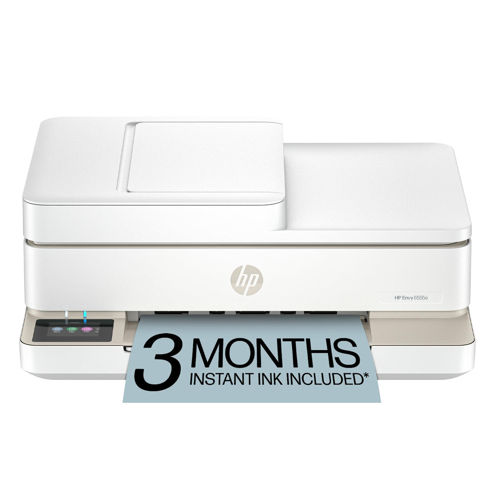HP Envy 6555e front view showing compact all-in-one design and easy access