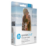 HP Sprocket paquete frontal mostrando hojas adhesivas y ventaja de cantidad