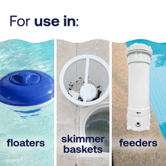 HTH pastillas en flotador dentro de piscina indicando dosificación fácil