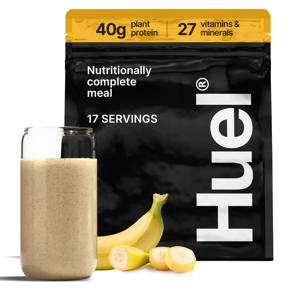 Huel front pack showing Black Edition Banana, clear product recognition and convenience