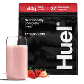 Huel Black Edition front packaging showing strawberry flavor and servings