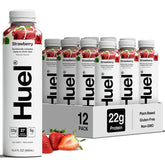 Huel front bottle showing label and flavor, convenient meal on the go