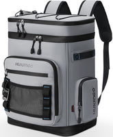 Hulongo mochila nevera frontal gris mostrando capacidad y diseño cómodo