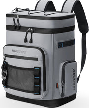 Hulongo mochila nevera frontal gris mostrando capacidad y diseño cómodo