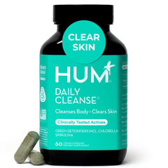 HUM envase frontal del suplemento Daily Cleanse mostrando diseño y cantidad