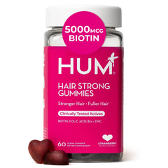 HUM envase frontal de Hair Strong con detalles de etiqueta y beneficio claro