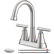 Hurran front view brushed nickel faucet showing sleek two-handle design and benefit: durable finish