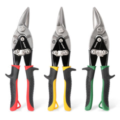 HURRICANE front packaging of 3-piece tin snips showing color-coded handles and set benefit