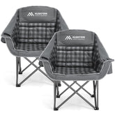 Huskfirm front view of two grey padded chairs showing roomy seating and comfort