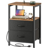 Huuger nightstand front view showing drawers and rustic brown finish for tidy bedside storage