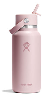 Hydro Flask front view Trillium Pink showing sleek insulated bottle and logo benefit cold retention
