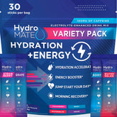HydroMATE frente del empaque mostrando 30 sobres y beneficios de uso