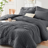 HYMOKEGE front view of full comforter set showing neat packaging and easy setup