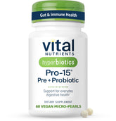 Hyperbiotics front packaging showing Pro-15 benefits and 60 vegan pearls