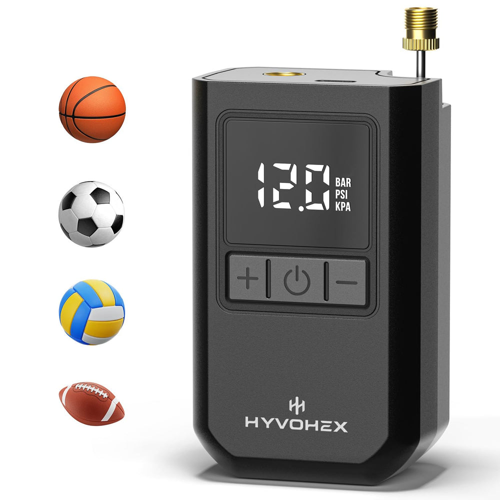 HYVOHEX vista frontal del inflador mostrando diseño portátil y ergonomía