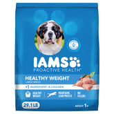 IAMS paquete frontal mostrando receta Healthy Weight y beneficio control de peso