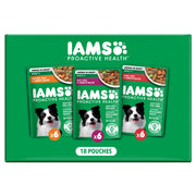 IAMS paquete variedad frontal mostrando sobres y beneficios nutricionales