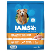 IAMS front packaging of 15 lb large breed healthy weight dog food showing branding and benefits