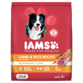 IAMS bag front showing lamb & rice formula and benefits