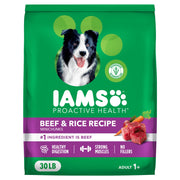 IAMS empaque frontal Minichunks Beef & Rice mostrando claridad del producto y confianza
