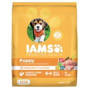 IAMS front packaging of puppy food showing brand and benefits