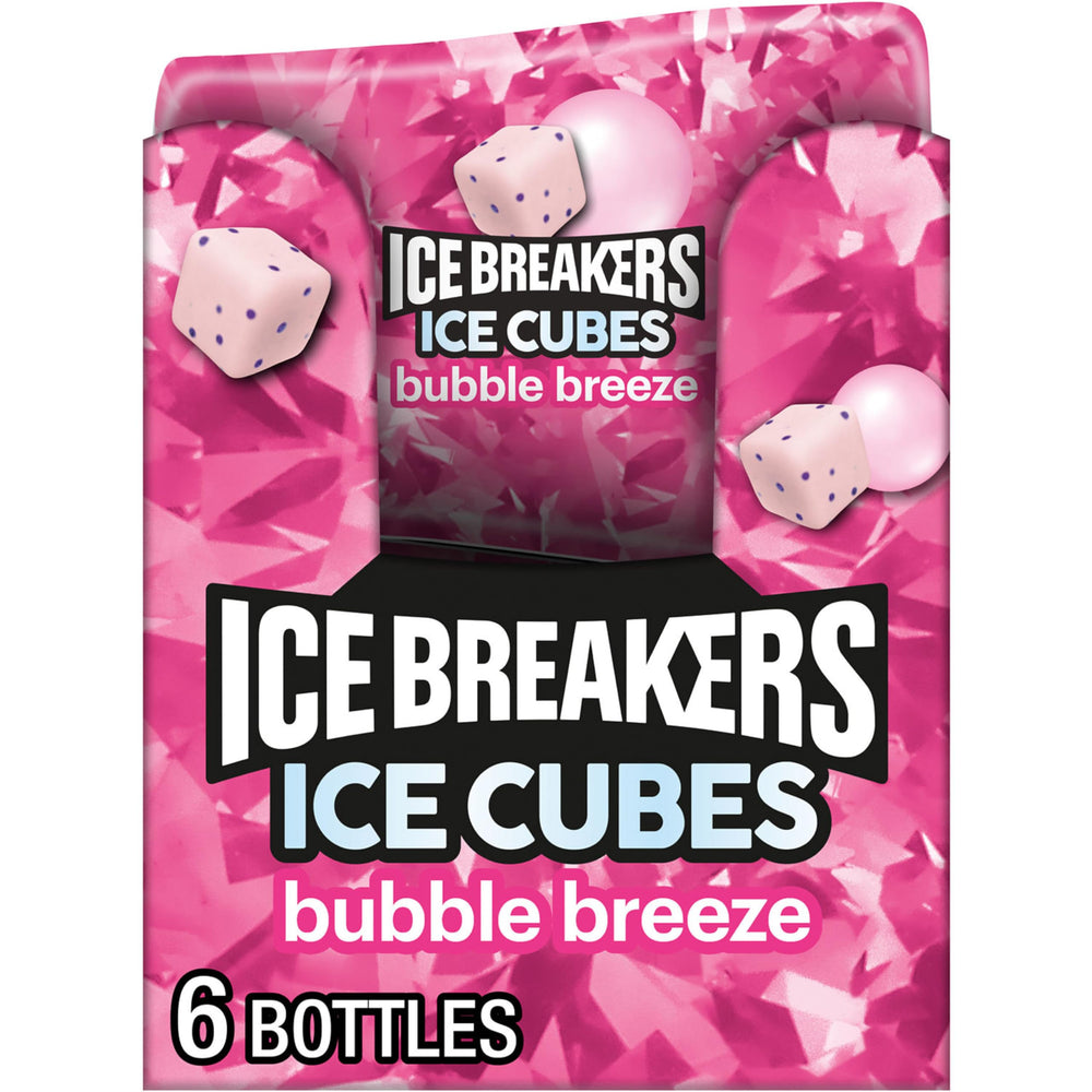 Ice Breakers front packaging showing six cube bottles and Bubble Breeze branding for freshness