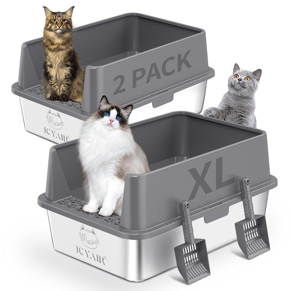 ICYAIR front view of two stainless steel litter boxes showing sturdy high-sided design and containment benefit