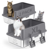 ICYAIR front view of two stainless steel litter boxes showing sturdy high-sided design and containment benefit