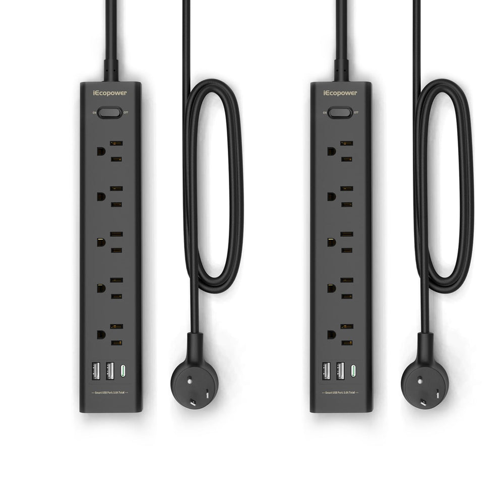 IECOPOWER regleta frontal con 5 enchufes y 3 puertos USB mostrando organización eficiente