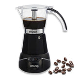 IMUSA electric espresso maker front view showing sleek black design and Tritan carafe for stylish counter appeal
