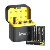 imuto vista frontal del pack de ocho pilas y estuche, solución completa